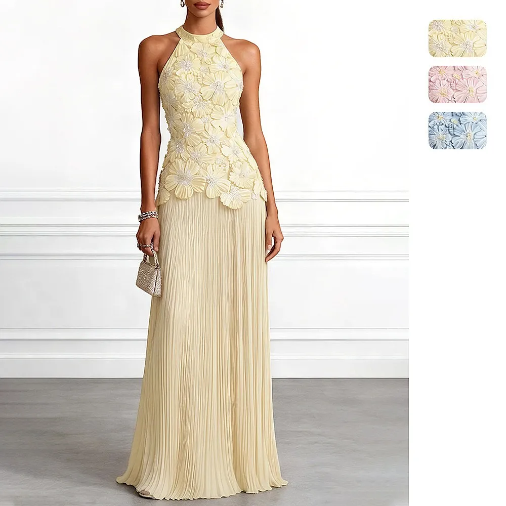 Dress Halter Sleeveless Pleated Floral Embossed Dresses Spring Summer Slimming