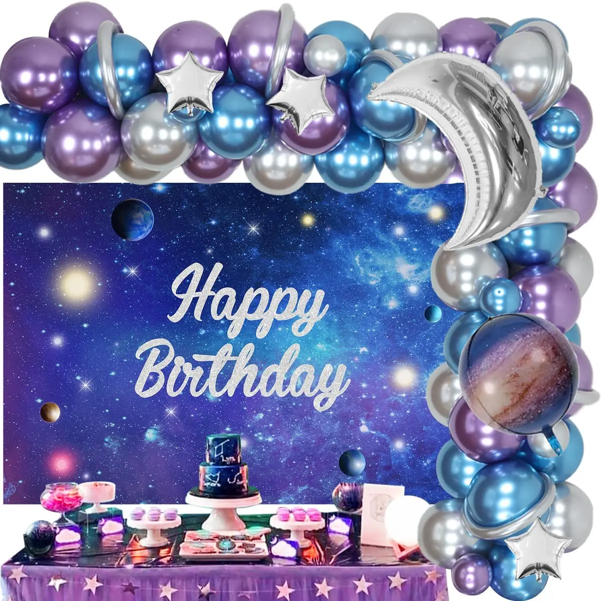 

Cheereveal Galaxy Birthday Party Decorations Outer Space Balloon Garland Arch Kit Galaxy Happy Birthday Backdrop for Boy or Girl