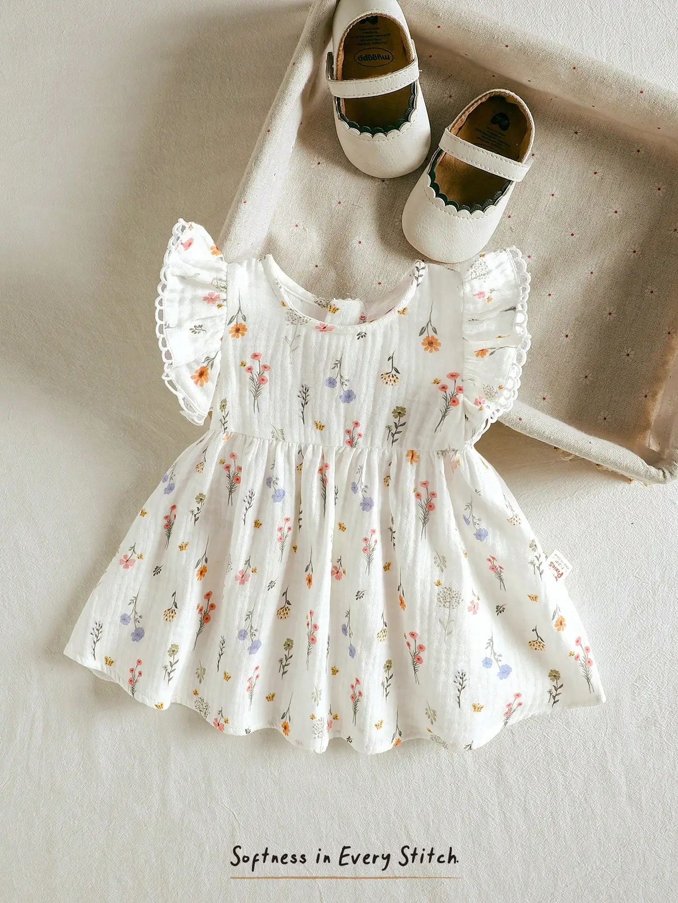 

Cozy Pixies Newborn Baby Girl Ditsy Floral Round Neck Cap Sleeve Cinched Waist Dress