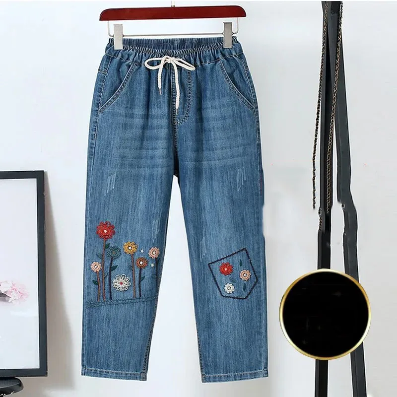 High Waist Mom Jeans Plus Size Denim Pants For Women Vintage Embroidery Elastic Waist Ankle Length Trousers Baggy