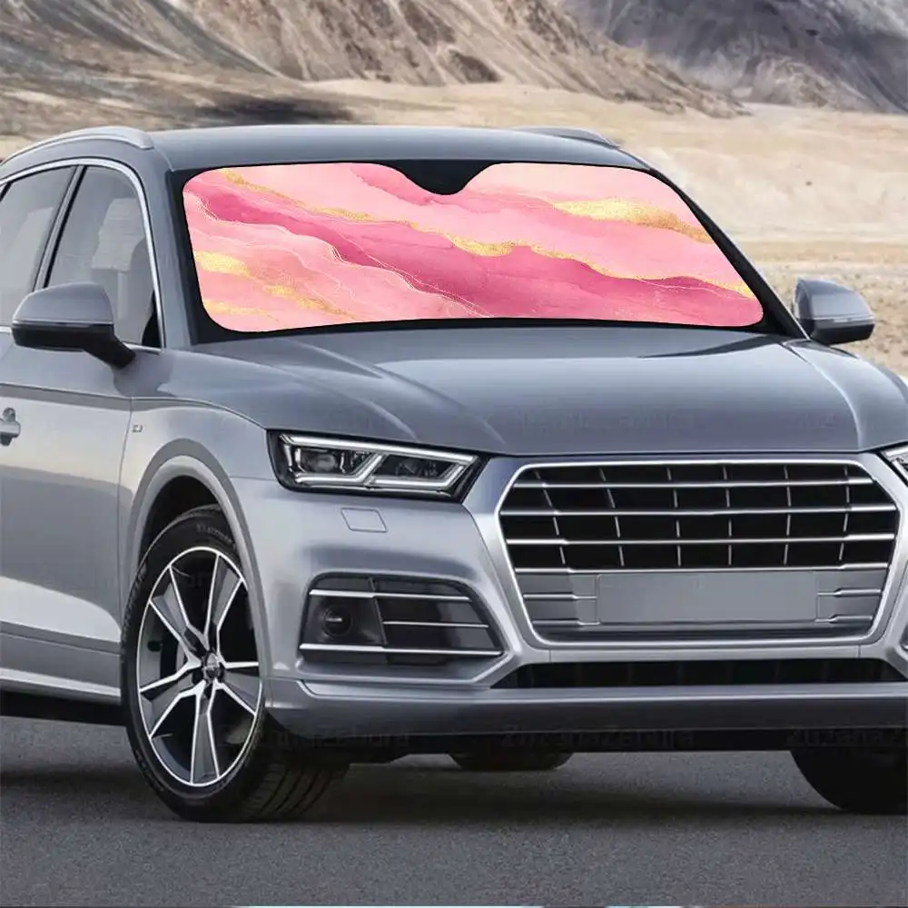 1pc Pink Marble With A Golden Swirl Design, This Windproof Sunshade Offers UV Protection To Keep Your Vehicle Cool. It'S Foldabl