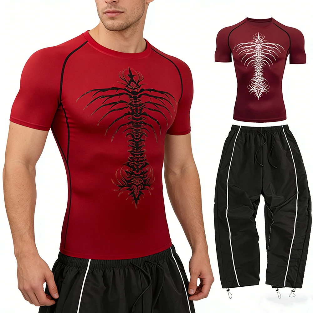 طقم ملابس رياضية صيفية للرجال برباط الخصر سروال طويل متعدد الألوان "هيكل عظمي" نمط طباعة في الهواء الطلق متاح للجري #4