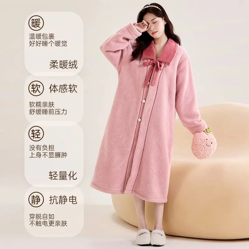 Butterfly Knot Anti-Static Double-Sided Velvet Women Winter With Thick Warm Velvet Medium to Long Length Sleeping Robe Bathrobe