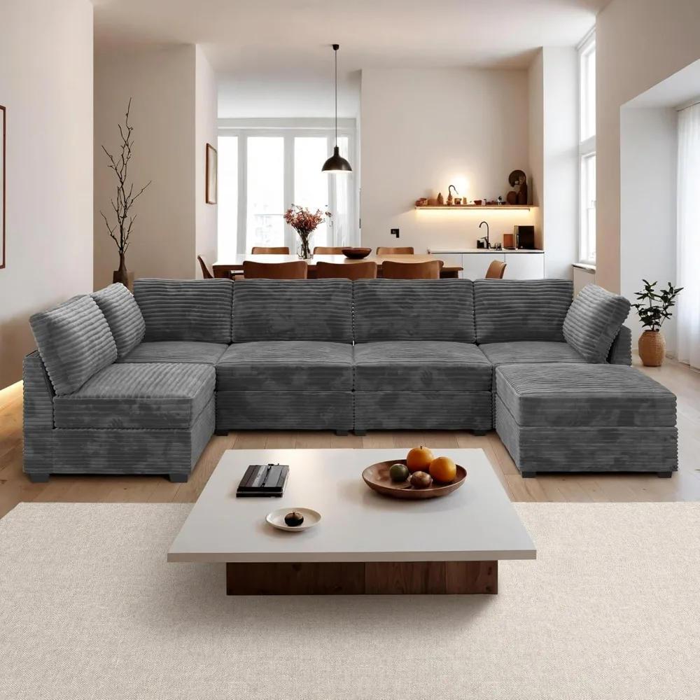 

130.7" Modular Sectional Sofa Couch, U-Shaped Cloud Couches with Sofa Bed Chaise, Modern Minimalist Deep Seat Plush Corduroy So