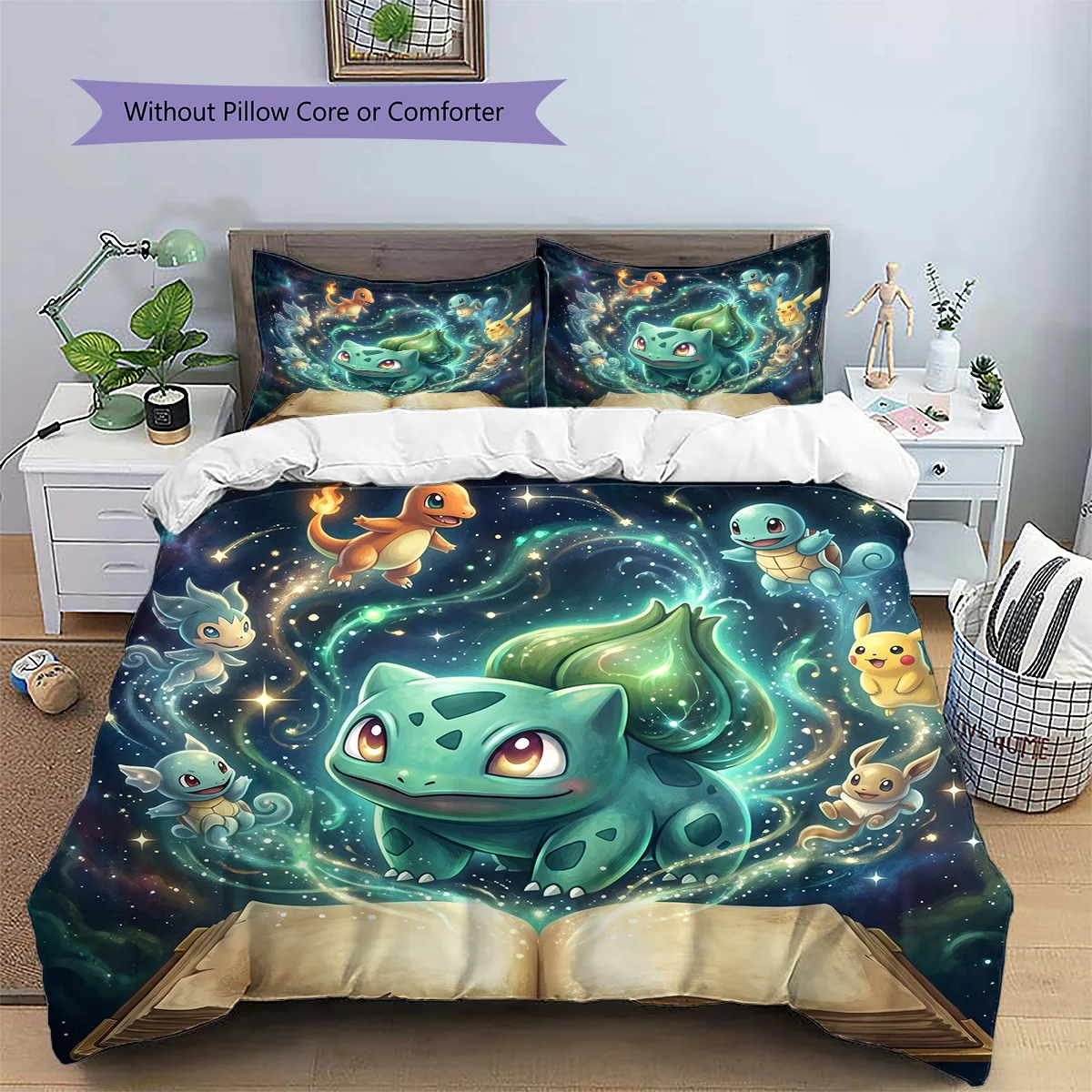 Bulbasaur Patterned Pillowcase & Duvet Cover Set Anime Motif Bedding Bedroom Decoration Wonderful Gift for Fans.-TING