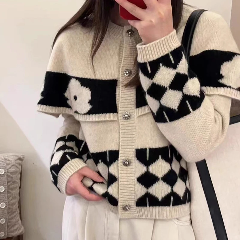 Vintage Cape Knitted Cardigan Women Argyle Jacquard Knit Casual Sweater Fall Winter Retro Loose Single Breasted Female Coat Tops view 6
