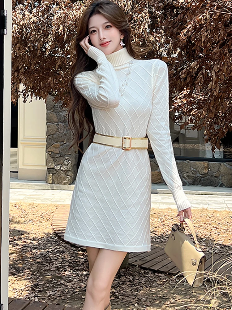 Otoño Invierno blanco tejido a cuadros Chic vendaje Mini vestido mujeres elegante ceñido al cuerpo vestido de cuello alto 2025 vestido de fiesta de moda coreana