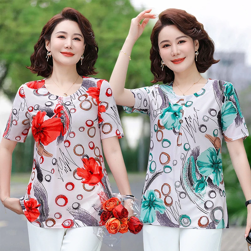 Ropa femenina ajustada a la moda elegante, camisetas holgadas informales que combinan con todo, blusa de manga corta con cuello redondo estampada