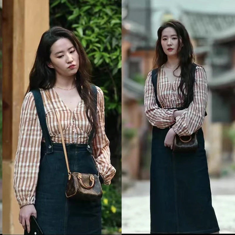 

EXJR Spring 2023 Denim Overalls Shirt Dress Mid-Length Bubble Sleeve Zipper Closure Women's Fashion Casual Dress