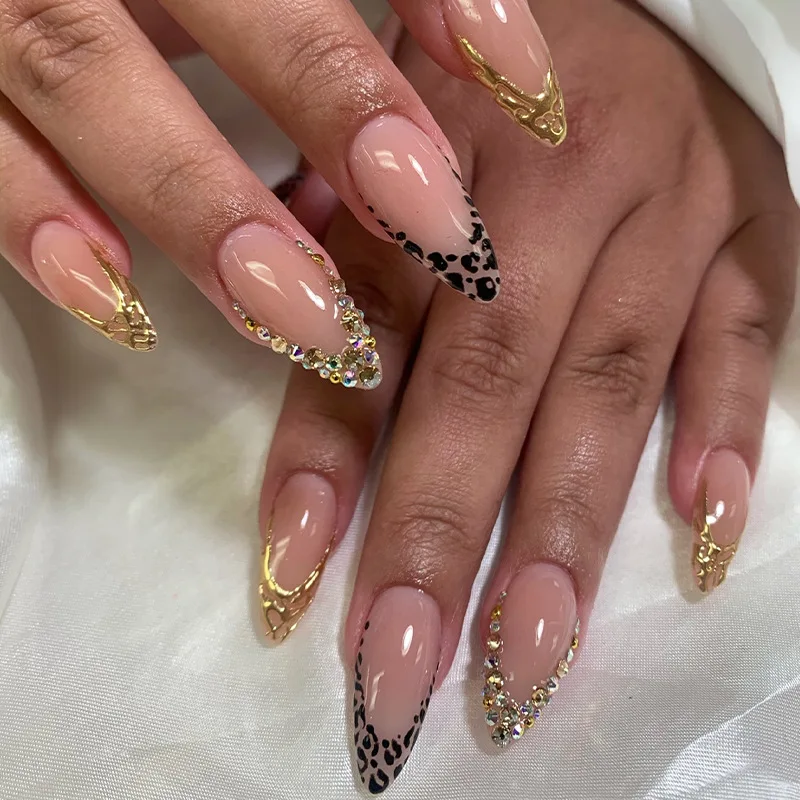 

24PCS French Leopard Print False Nails with Golden Diamonds Simple Almond Press on Nails Full Cover Sweet Cool Wearable Manicure