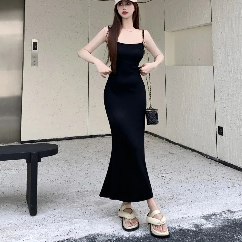 Sexy French Strap Long Dress Women's Tight Fish Tail Bodycon Skirt Spring Summer Fashion High Waist Polyester Geometric Pattern