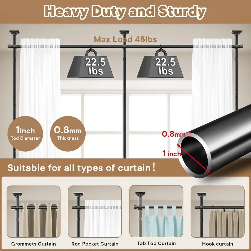 Room Divider Curtain Rod, No Drilling Tension Rod for Room Separation, 4-10ft(H)28-114inch(W) Adjustable Heavy Duty Floor