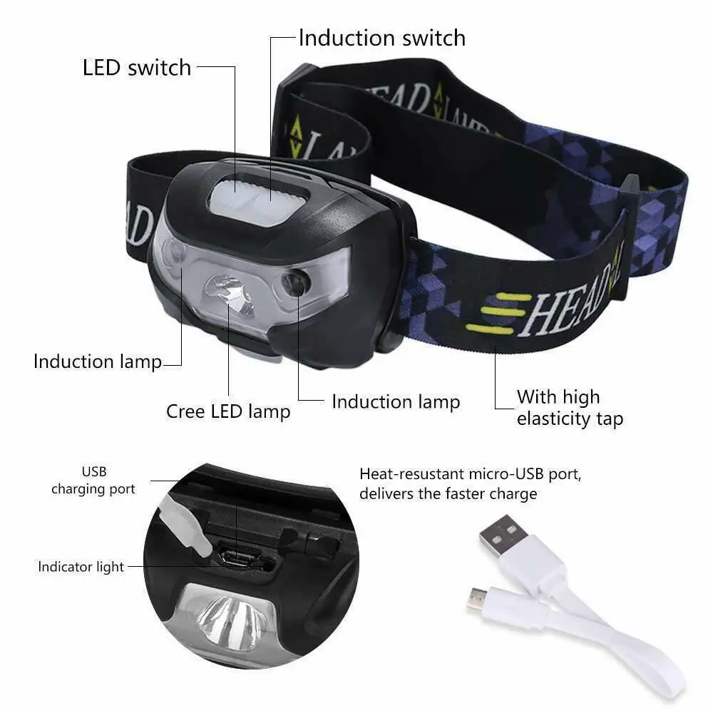 Waterproof Outdoor Lamp Fishing Headlight Intelligent Sensor Head Light Flashlight Headlamp Torch