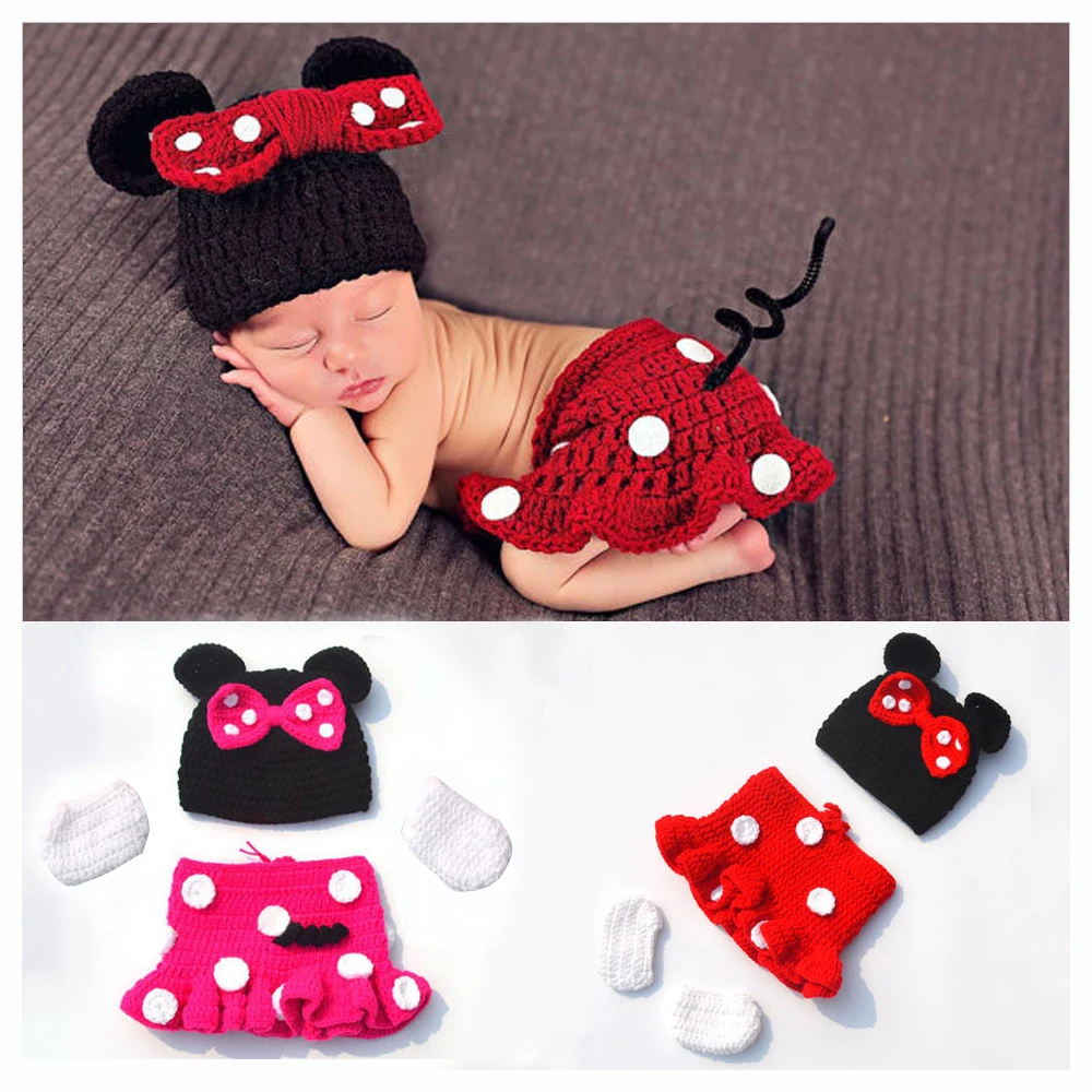 Ropa para bebés y niñas, accesorios de fotografía, accesorios para bebés recién nacidos de 0 a 3M, paquete de 3 disfraces de Minnie hechos a mano
