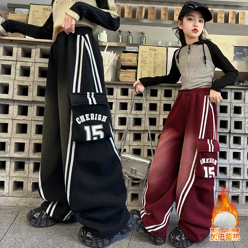 

winter teen girls thick velvet sport trousers kids warm Large pocket cargo pants 4 6 8 10 12 14 junior Casual calcas infantil