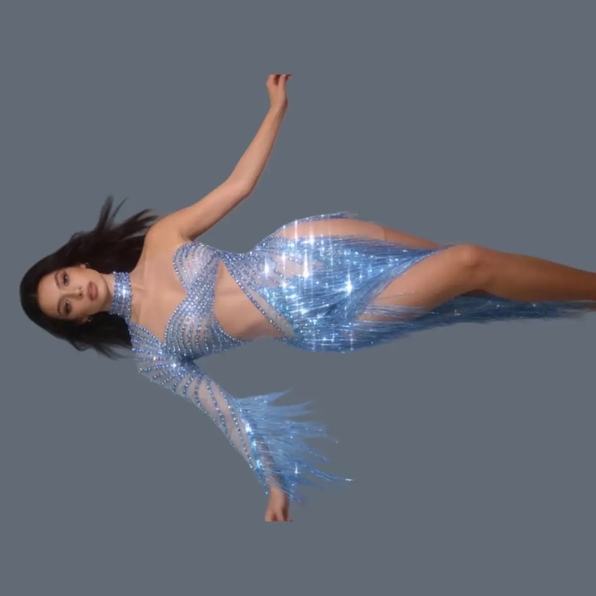 

Light Blue Sheer Mesh One Shoulder Mini Dress Sparkly Rhinestone Fringe Asymmetrical Dress Stage Performance Party Wear Qingche