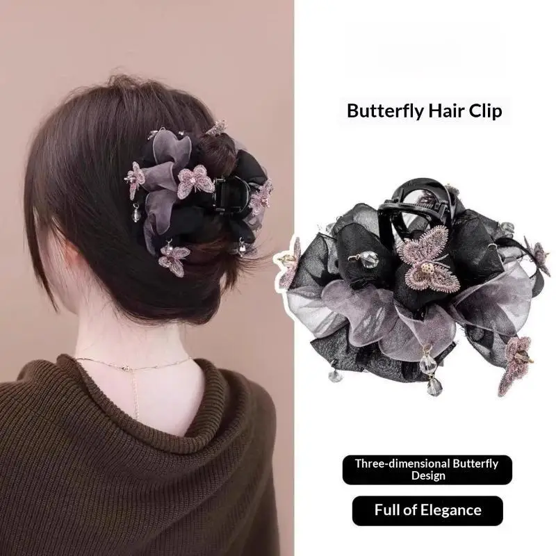 Netz-Schmetterlings-Haarspange für Damen mit Kristall-Quasten, rutschfeste Haarklammer für Pferdeschwanz und Hochsteckfrisuren, Haaraccessoires für Alltag, Party und Hochzeit – Detail 1