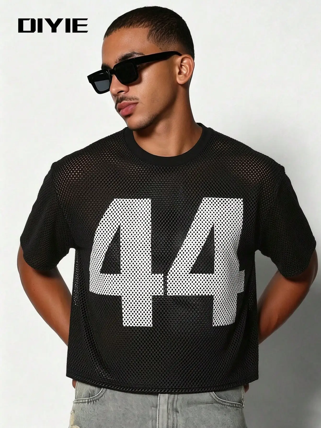 DIYIE Herren Mesh Openwork Bedrucktes Kurzarm-T-Shirt Jugendliches Streetwear Kurzarm-T-Shirt Sportlicher Stil Kurzarm-T-Shirt – Detail 6