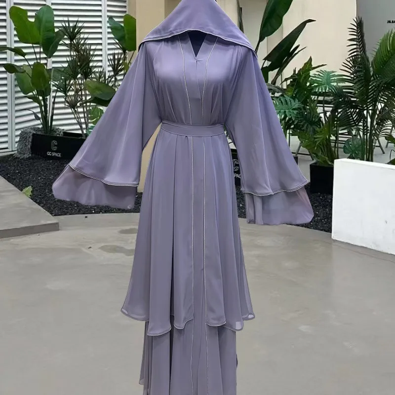 

Роскошная дубайская абайя с хиджабом, блестящее скромное платье с кружевной отделкой и V-образным вырезом для мусульманских женщин, исламские наряды для Рамадана и праздников.