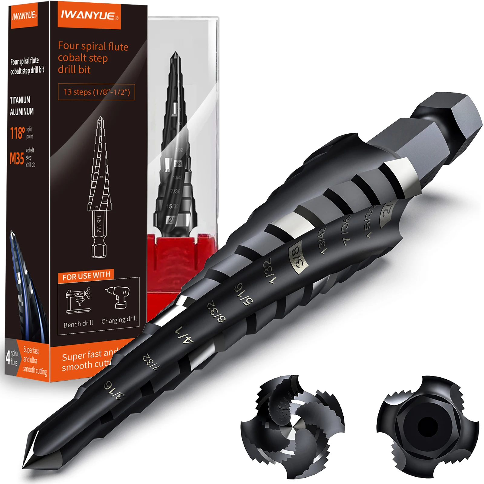 1 WAN YUE Cobalt High Speed Steel M35 Step Drill Bit 1/8"-1/2" 4 Spiral Flute Stepped Drill 1PC Odporny na zużycie narzędzie z powłoką Tiain