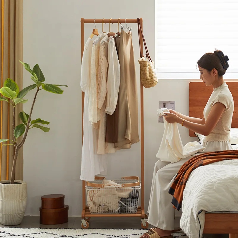 Solid wood coat rack floor-to-ceiling household bedroom hanger indoor room simple removable dirty clothes basket drying rack