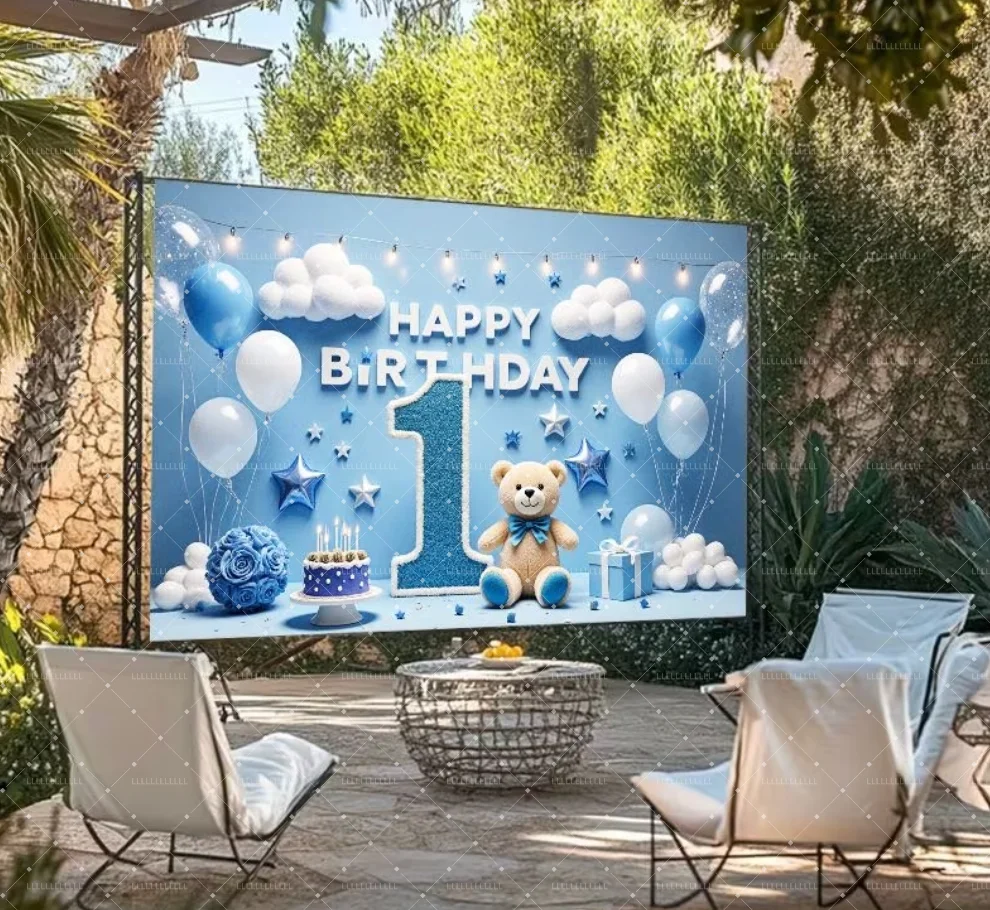 Kid 1st Birthday Party Decoration Supplies Bear Balloon Blue Photography Background Girls Boys Photo Backdrop Baby Shower Banner - view 2