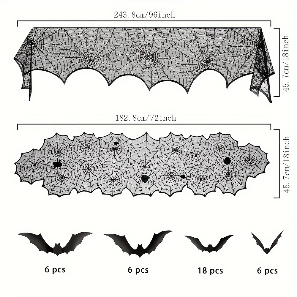 Halloween Decor Bundle for Home, Party, Kitchen Spider Web Table Runners & Halloween Banner & Mantel Scarf & 36 PCS 3D Bat Stick