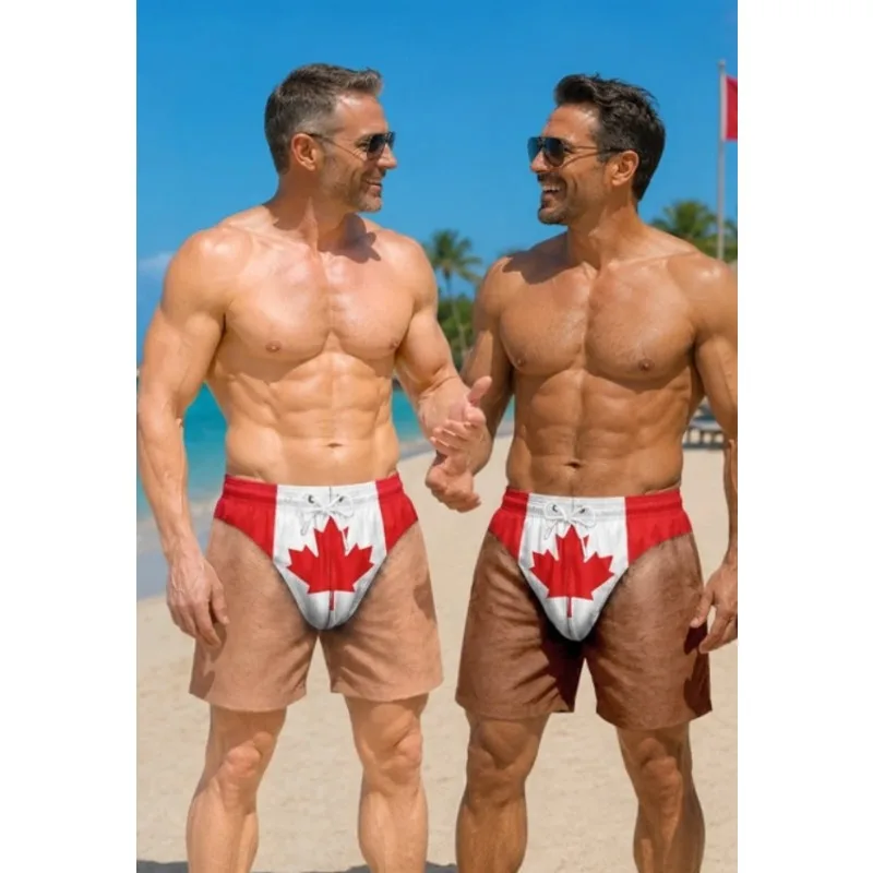 Unisex Funny Fake Hairy Detail Swim Trunks, Oversized Y2K Streetwear, Canada Maple Leaf Flag Print Quick Dry Beach Shorts
