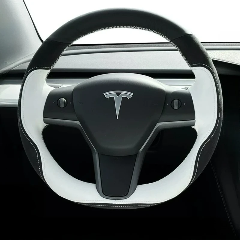 Hand Stitched renovate wear-resistant Non-slip black White yellow leather car Steering wheel cover For Tesla Model 3 / Model Y