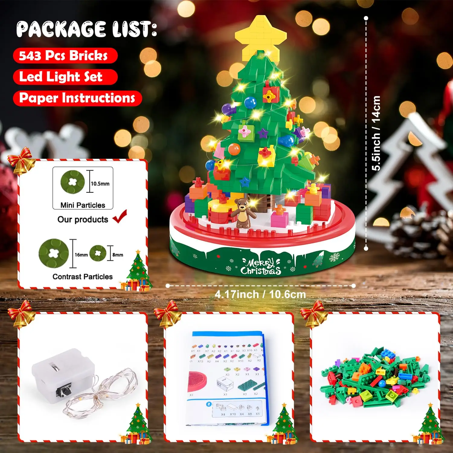 HOGOKIDS Christmas Tree Building Set with LED-Micro Mini Xmas Tree Blocks Kit Tabletop Christmas Ornament Gift for Adults Kids