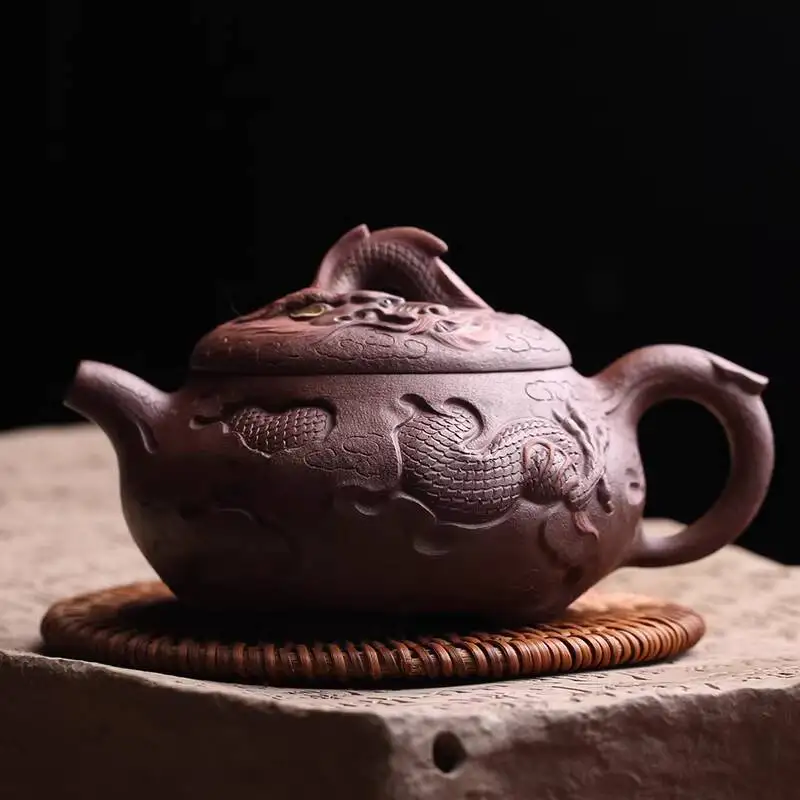 Yixing Original Mineral Purple Clay Yunlong Antique-Style Teapot, Purely Handmade By A Famous Master, High Water Wave Brewing