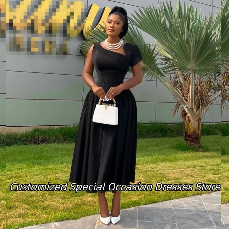 Zwart Satijn A-lijn Avondjurken Delicate Kralen Lange Prom Dress Aangepaste Bruiloft Jurken Voor Vrouwen Vestido De Festa