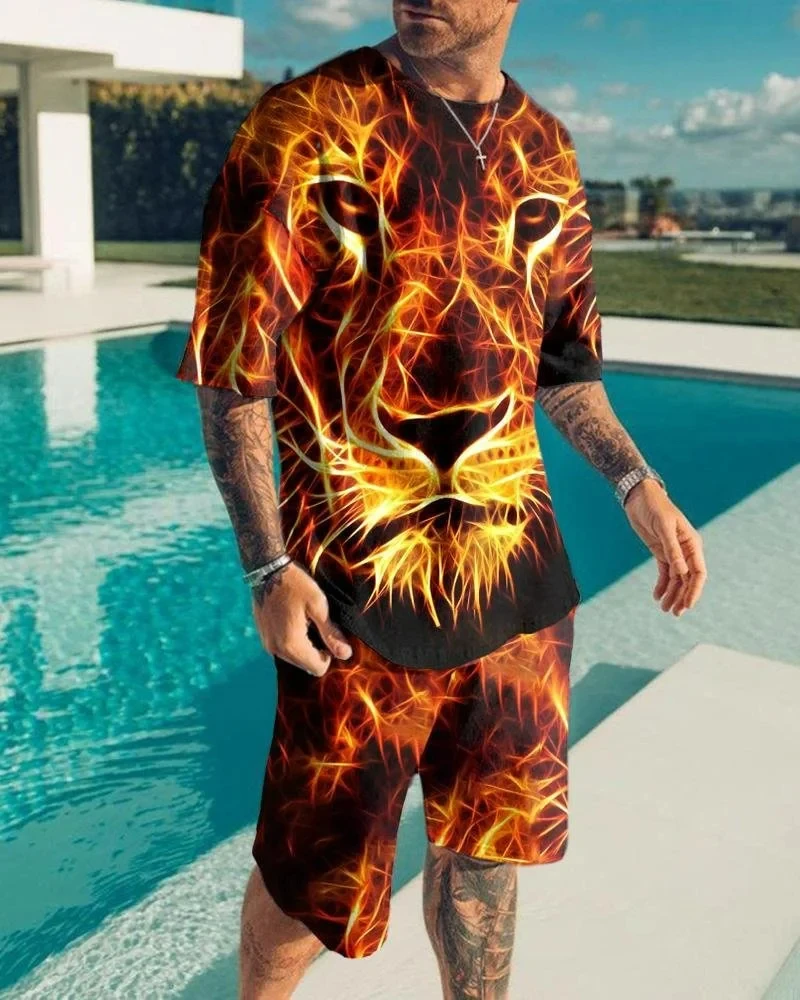 Summer New Fierce Beast Lion Pattern Men\'s Shorts Sets Casual Street T Shirts+Shorts 2PCS Outfits 3D Print O-Neck Tracksuit Suit