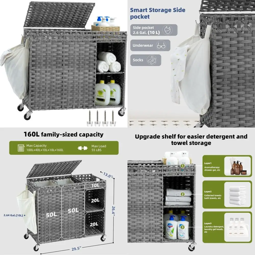 

Rattan Wicker Laundry Basket with Wheels and Lid, 160L Capacity, Handwoven Two-Section Hamper with Removable Dividers for Effici