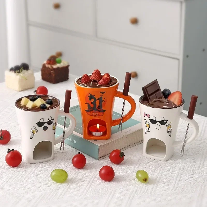 Chocolate Hotpot Cup, Christmas High-value Gift, Ceramic Halloween with Fork, Cheese Hot Melt Coffee Cup, Ice Cream Cheese Mug