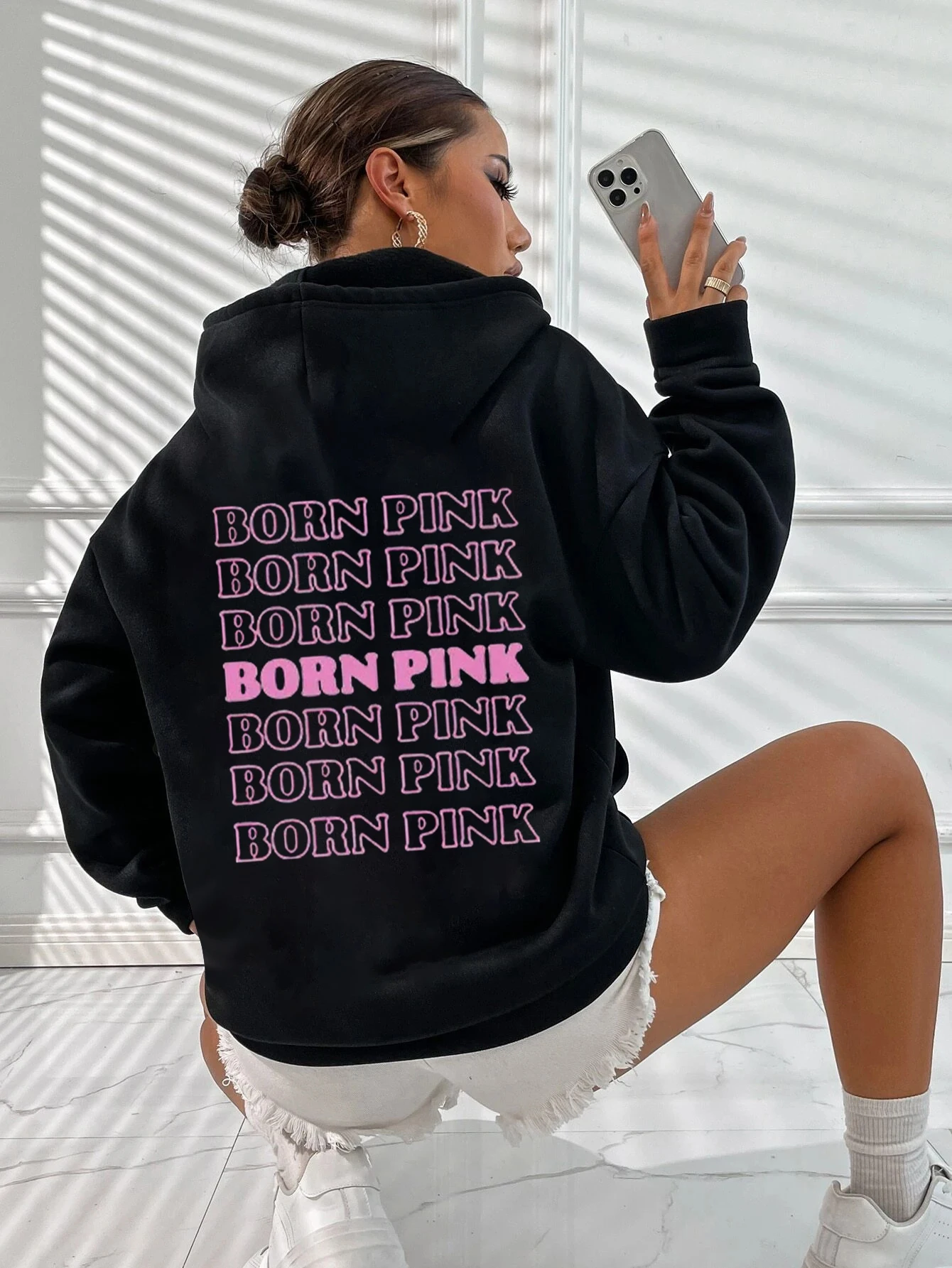 Black and Pink Letter Print Women\'s Hoodie Kpop Tide Fleece Long Sleeve Tops Harajuku Fashion Couple Autumn Women Sweatshirt