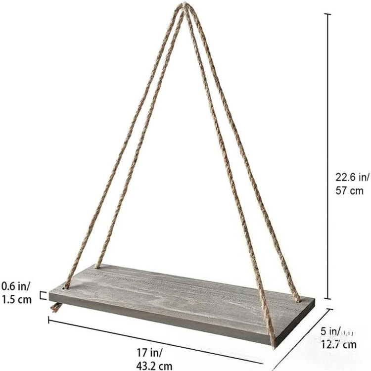 Wooden Hanging Swing Shelf with Hemp Rope, Floating Wall Tray for Plants & Home Decor 43.2x12.7cm