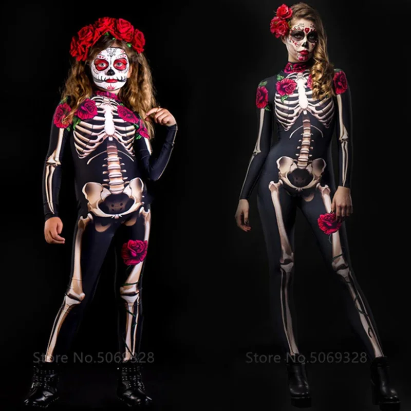 Family Costumes Adult Kids Halloween Costume Devil Women Skeleton Rose Horror Ghost Jumpsuit Performance Scary Day of The Dead J