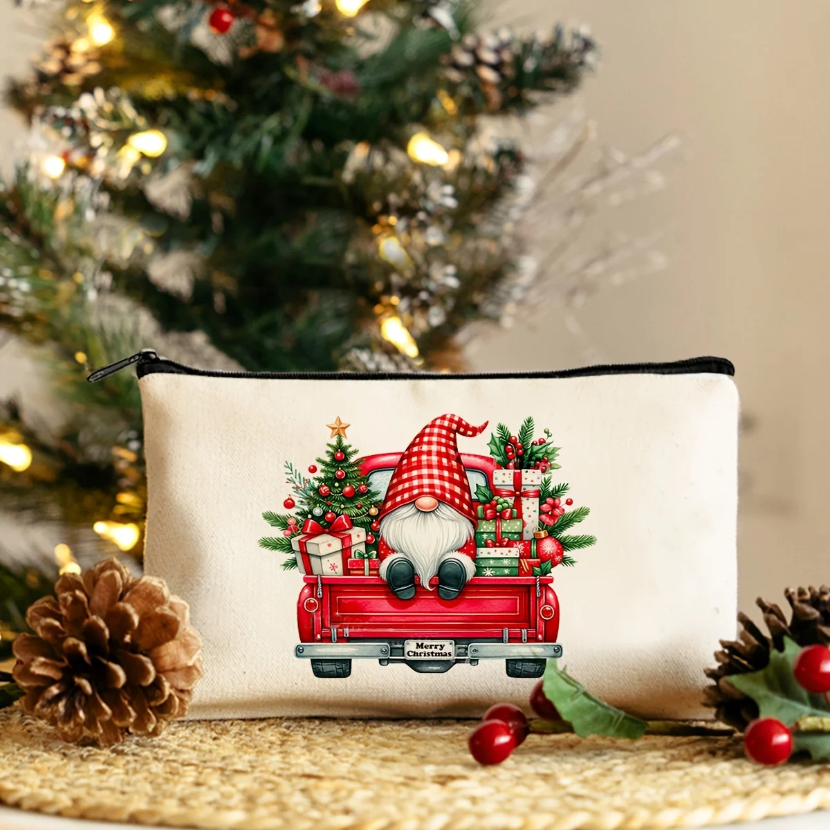Bolsa de regalo roja con patrón de Papá Noel, bolsa de maquillaje con tema navideño y organizador de almacenamiento, bolsas de embalaje multiusos, 1 ud.