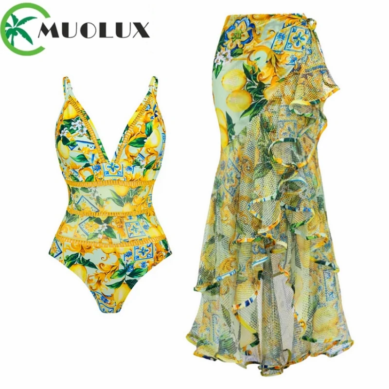 MUOLUX 2024 V-neck One-piece Swimwear New Sexy One-piece Swimsuit Mesh Splicing Lemon Print Swimsuit Set Beach Bathing Suit