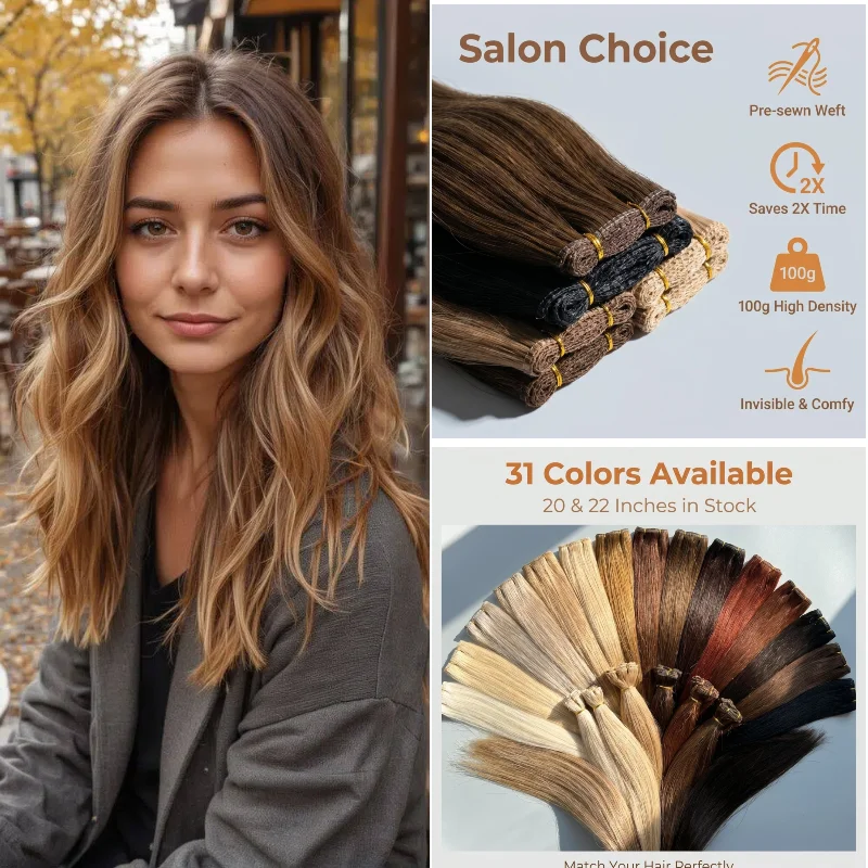 

Human Virgin Hair Super Genius Weft 22inch 100g #18 #FB Pre Stitched Hairpiece Better Drape & Natural Look Wholesale