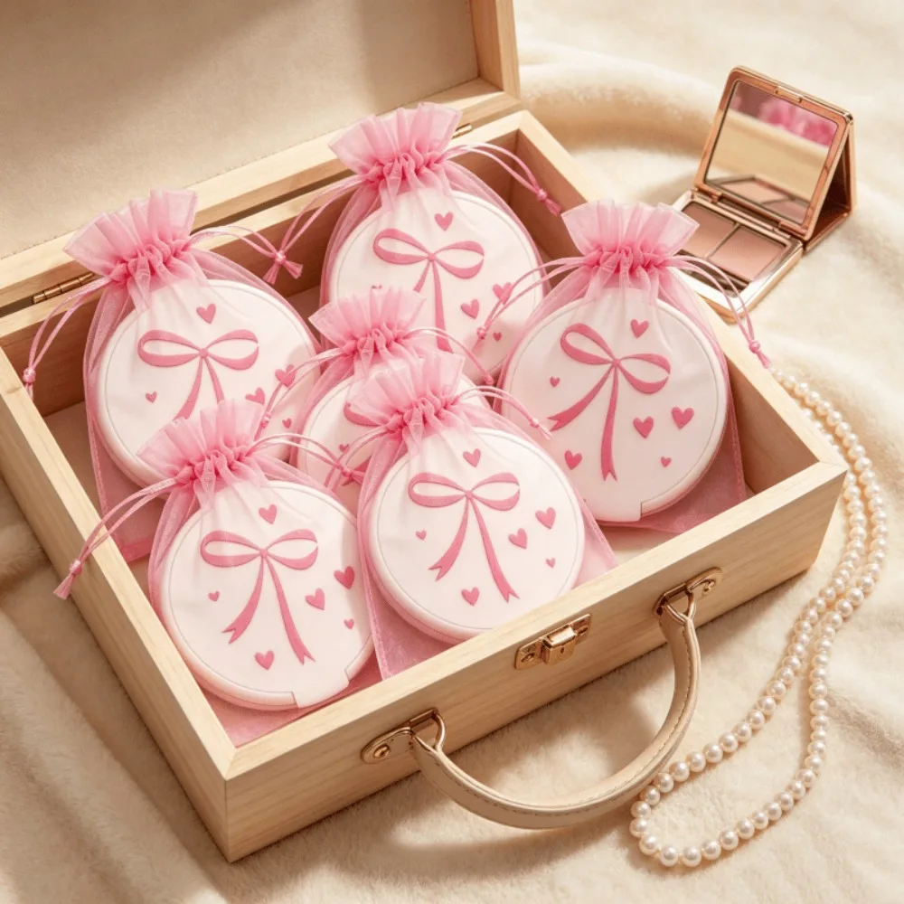 10-50Sets Round Pocket Makeup Mirrors  Pink Bow Heart Design  Foldable Cosmetic Mirror  Wedding Bridal Shower Party Supplies