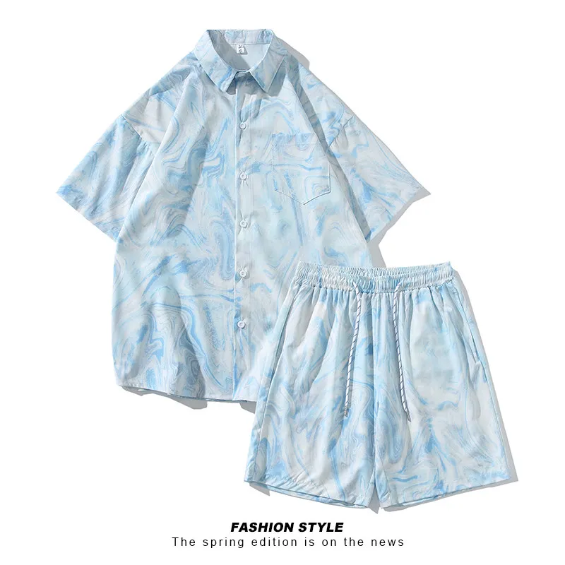 

Hong Kong Shirts Shorts Suits Men Style Beach Tie Dye Hawaii Cool Basic High Quality Trend Baggy Loose Man Print Sets