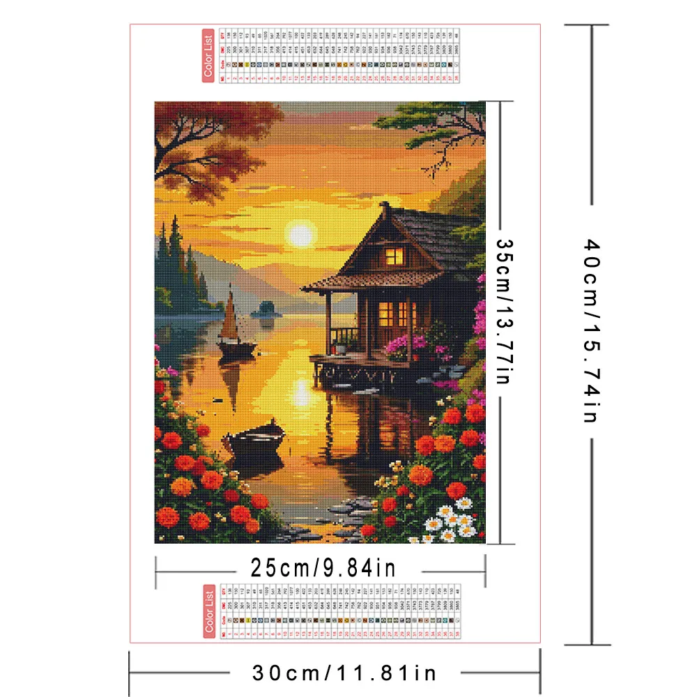 AZQSD Diamond Painting 5d House Landscape Diy Full Square Round Drill Diamond Mosaic Autumn Lake Sunset Sea Art Diy