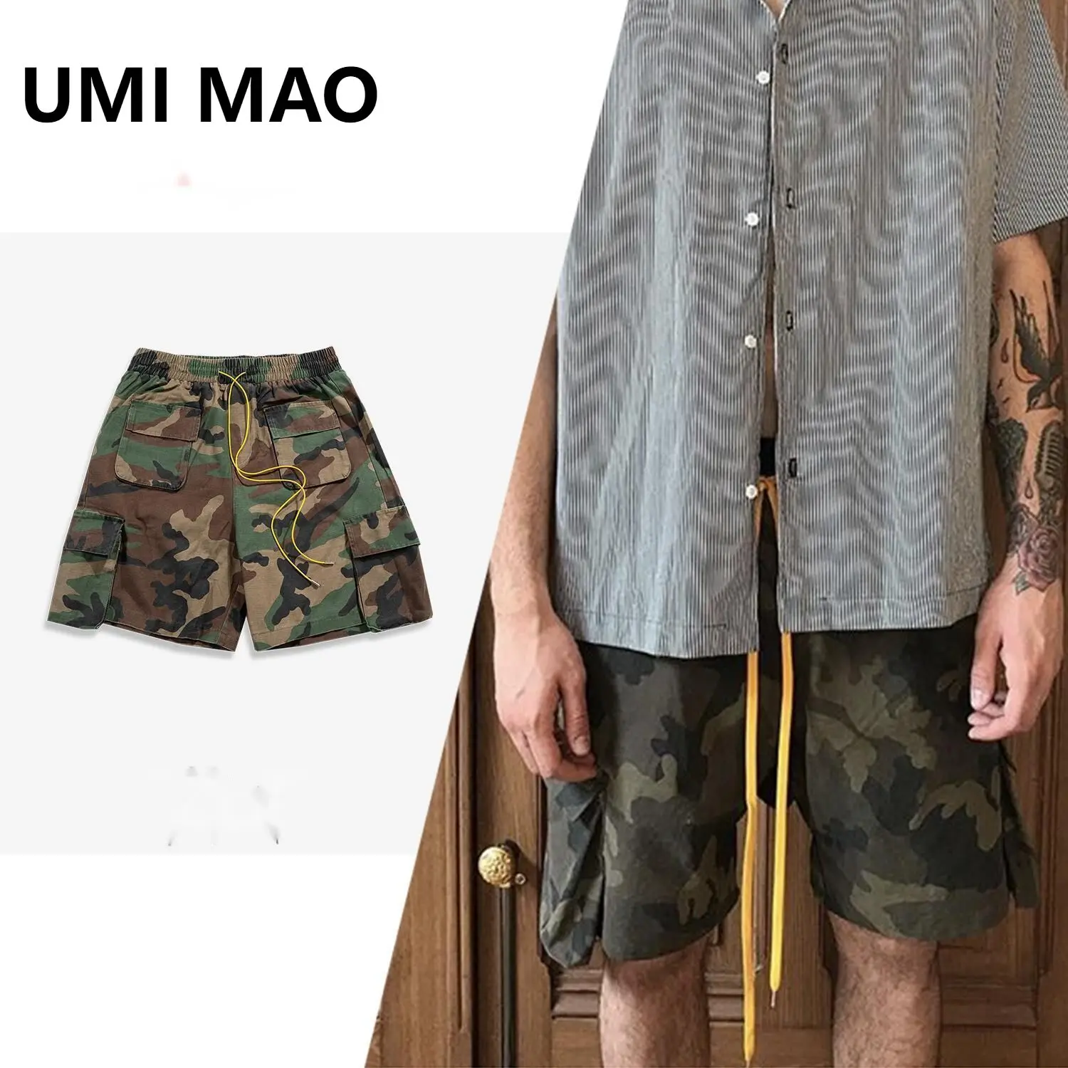 UMI MAO Men's Fashion Women's Trousers Spring Summer Hip Hop Shorts High Street Multi Pocket Camo Fashion Trendy Casual Pants