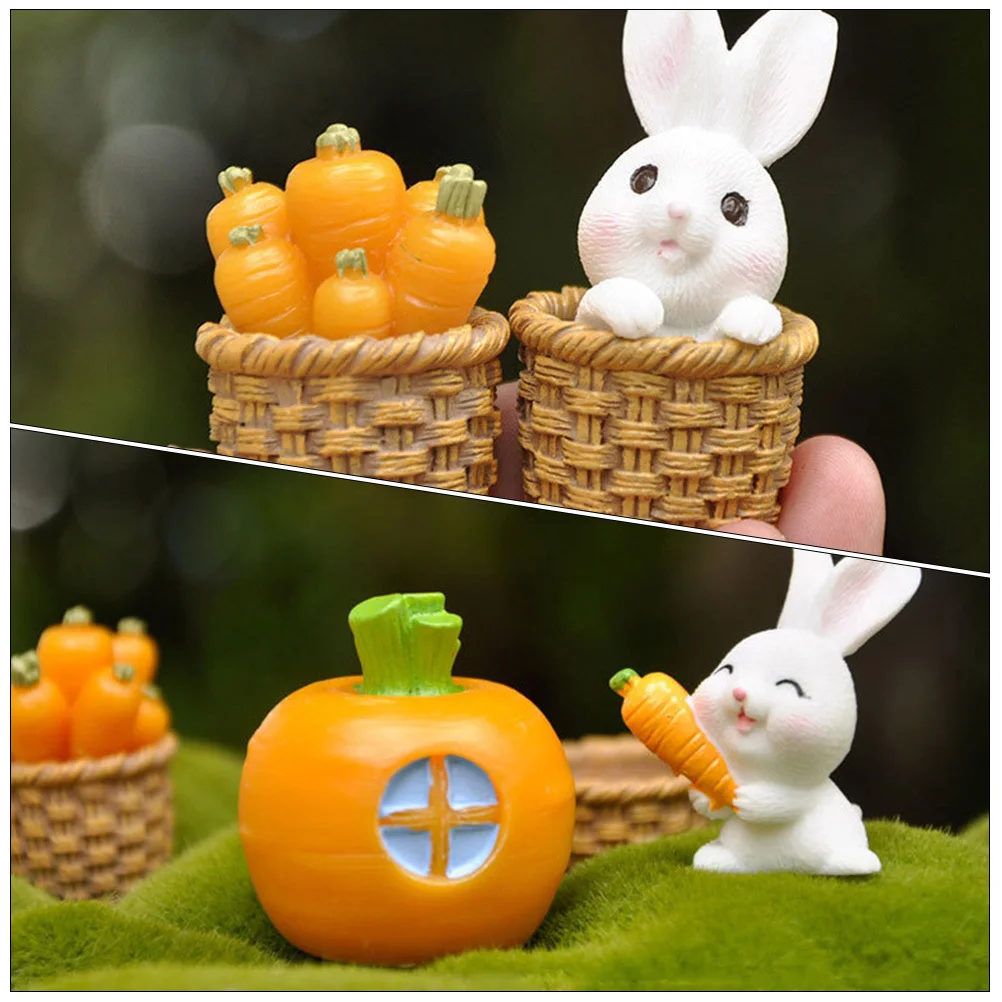 

9Pcs Miniature Rabbit Decoration Easter Ornament Lovely Straw Basket Carrot Set Bunny Decor for Home Garden Party