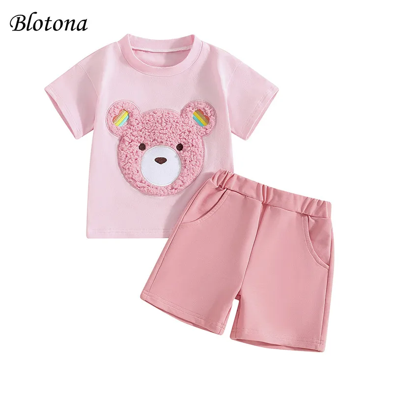 

Blotona Baby Girl Summer Outfits Fuzzy Bear Embroidery Short Sleeve T-shirt Tops + Shorts Set Toddler 2Pcs Clothes 0-3Years