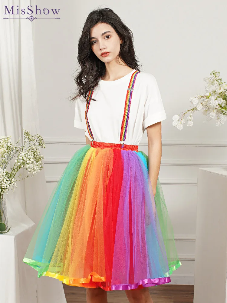 MisShow kobiety tęczowa spódniczka Tutu krótka spódniczka 5 warstw miękki tiul Pettiskirt dziewczyny boże narodzenie kostiumy na Halloween Cosplay spódnice z siateczki