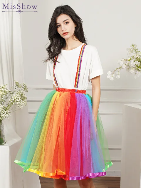 MisShow kobiety tęczowa spódniczka Tutu krótka spódniczka 5 warstw miękki tiul Pettiskirt dziewczyny boże narodzenie kostiumy na Halloween Cosplay spódnice z siateczki