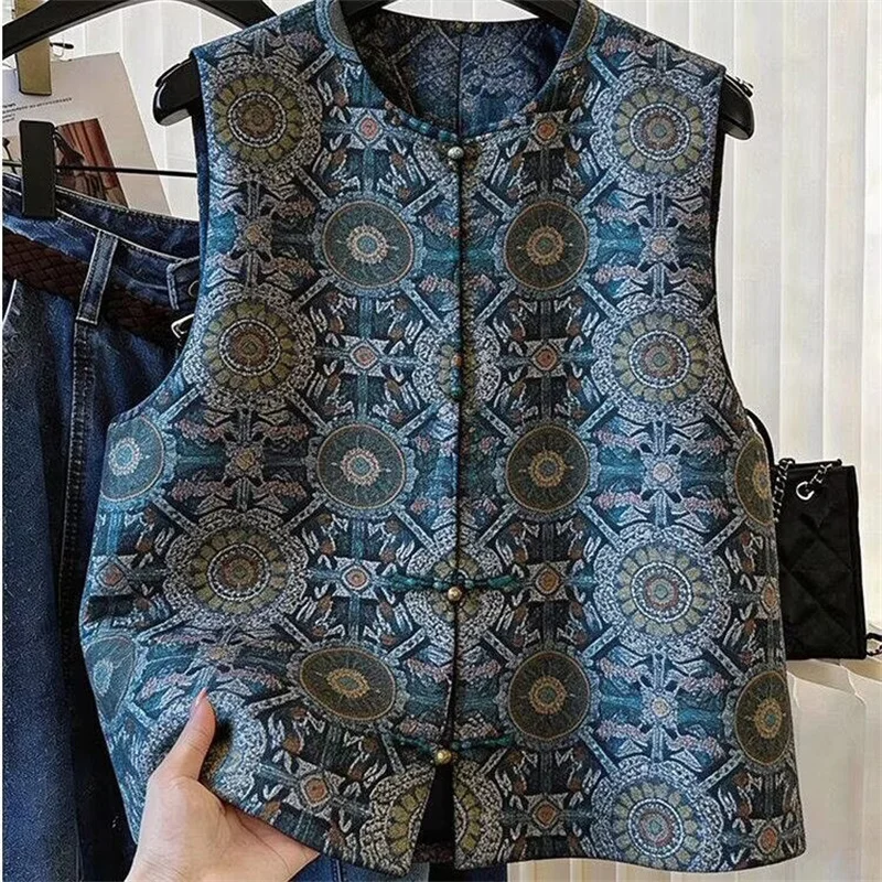

Women Vest Fashion Spring and Summer Round Collar Sleeveless Waistcoat Loose Printing Jacket Vest Joker Women Cardigan Top Coat